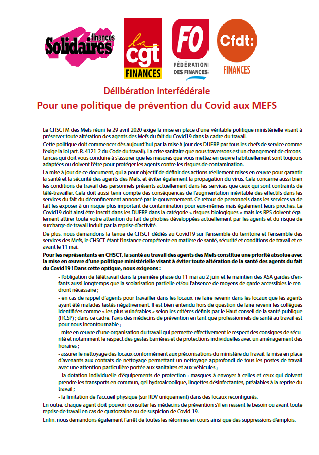 Lire la suite à propos de l’article CHSCTM du 29 avril pour une politique de prévention du Covid aux Mefs
