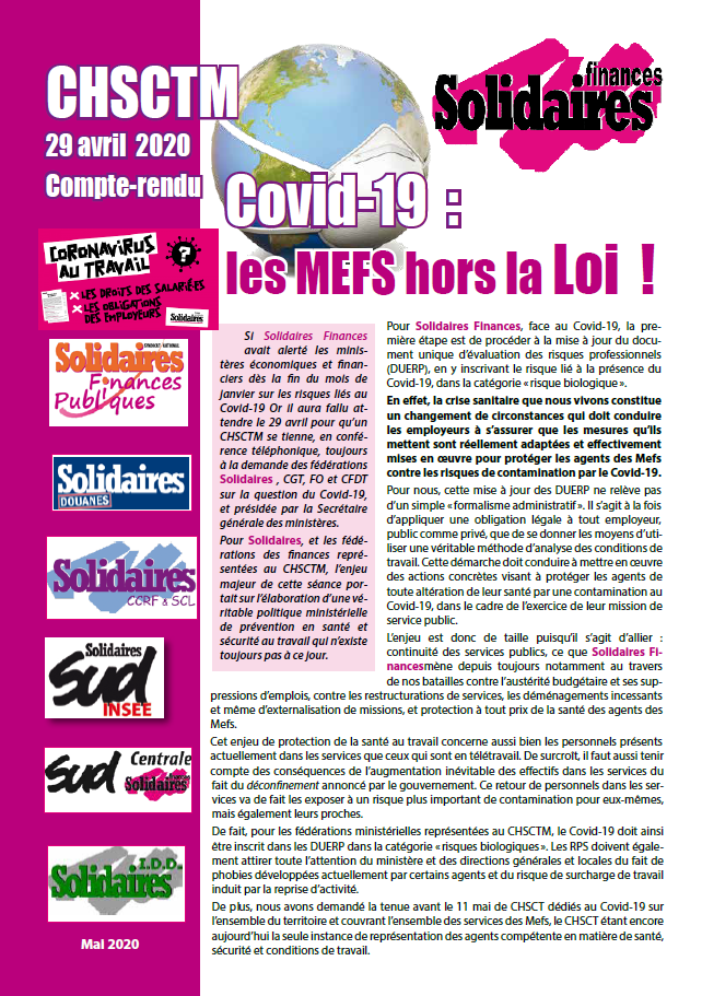 Lire la suite à propos de l’article Compte rendu du CHSCTM spécial Covid-19 du 29 avril 2020.