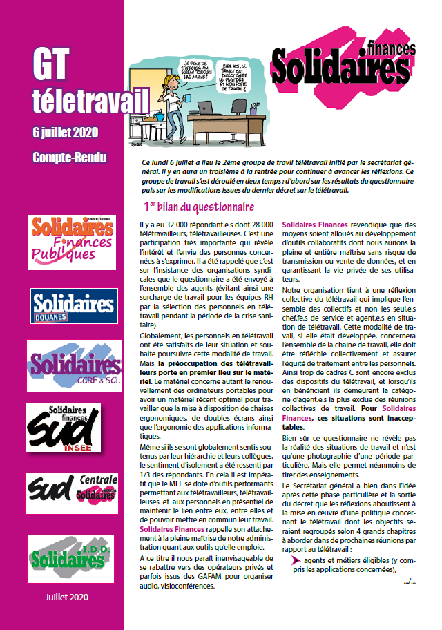 Lire la suite à propos de l’article Compte-rendu du GT sur le télétravail du 6 juillet 2020