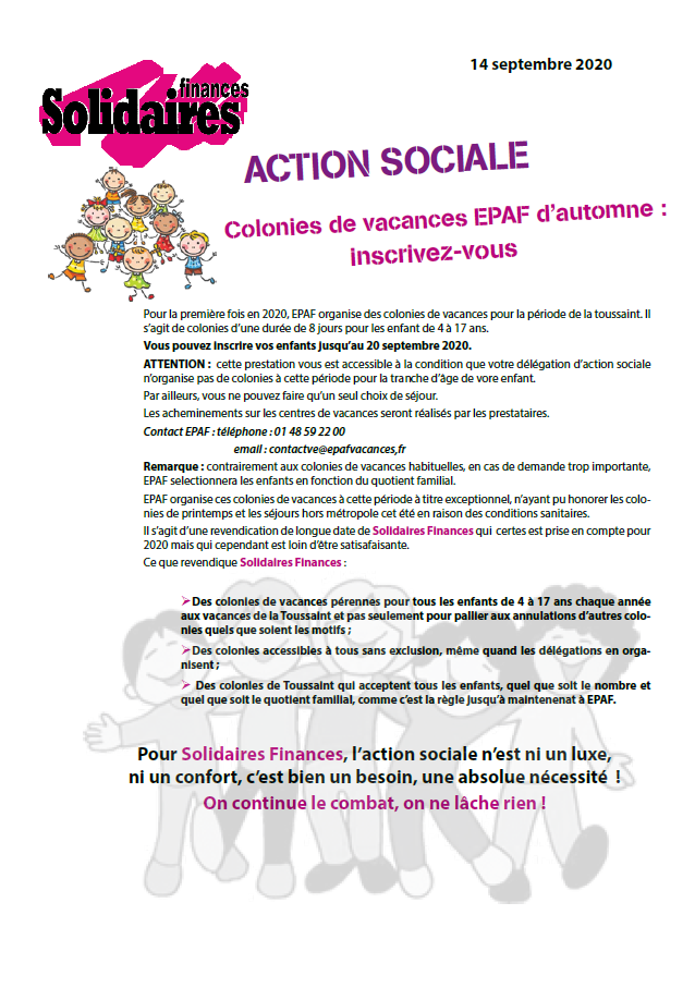 Lire la suite à propos de l’article Colonies de la Toussaint : C’est cela aussi l’action sociale  ministérielle !