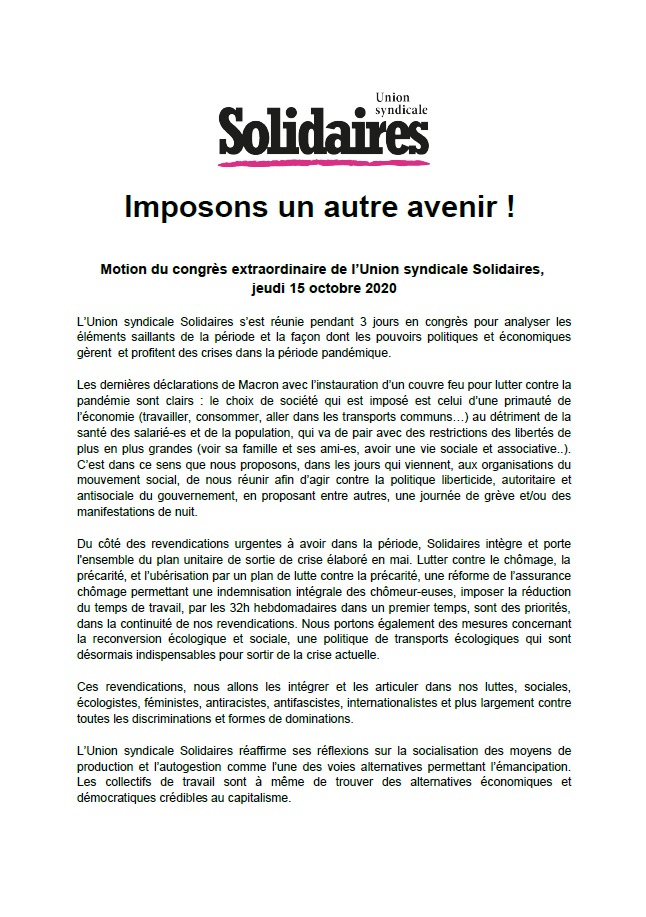 Lire la suite à propos de l’article Congrès extraordinaire de l’Union syndicale Solidaires, Imposons un autre avenir !