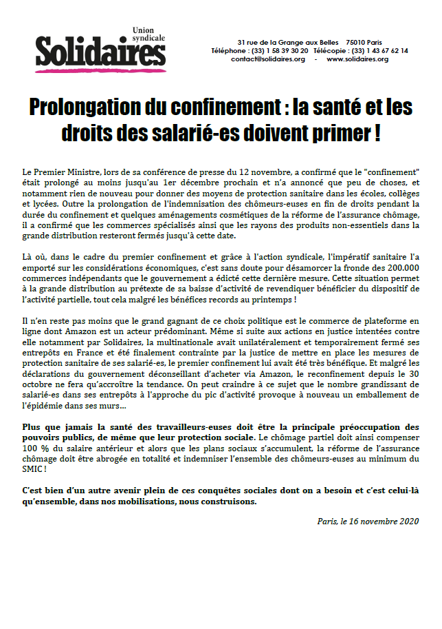 Lire la suite à propos de l’article Prolongation du confinement : la santé et les droits des salarié.e.s doivent primer !