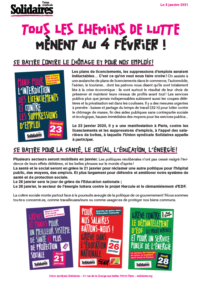 Lire la suite à propos de l’article 4 février  Chômage, emplois, santé, social, éducation, services publics, energie : Mobilisons nous !