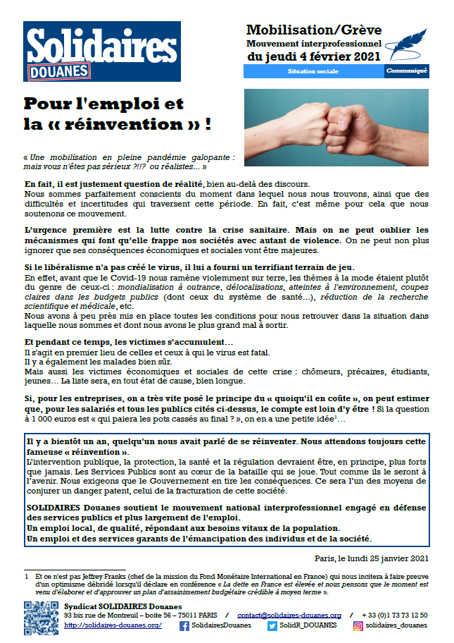 Lire la suite à propos de l’article 4 février – Appel De Solidaires Finances Publiques et Solidaires douanes