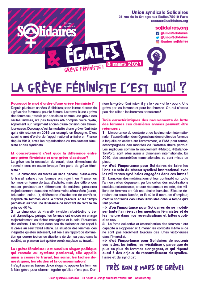 Lire la suite à propos de l’article 8 mars 2021  Journée inrternationale de lutte et de grève pour le droits des femmes !