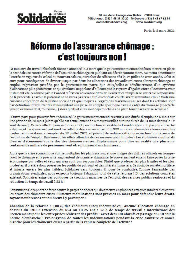Lire la suite à propos de l’article Réforme de l’assurance chômage : c’est toujours non !