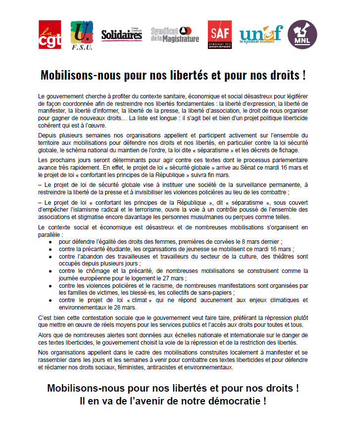 Lire la suite à propos de l’article Pour nos liberté, pour nos droits Mobilisons nous !
