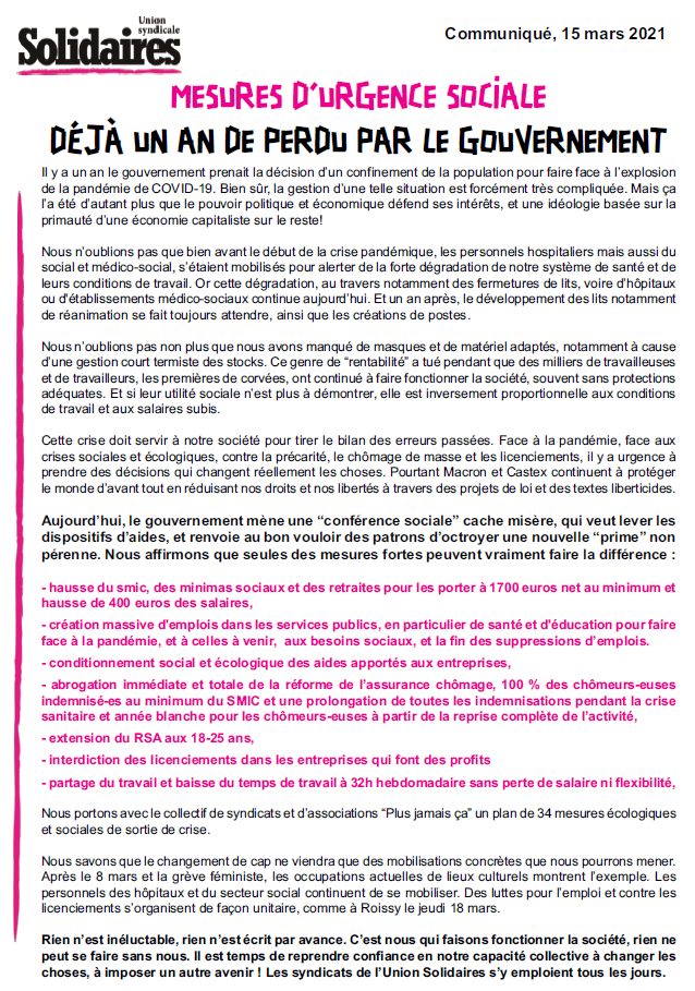 Lire la suite à propos de l’article Mesures d’urgence sociale : Déjà un an de perdu