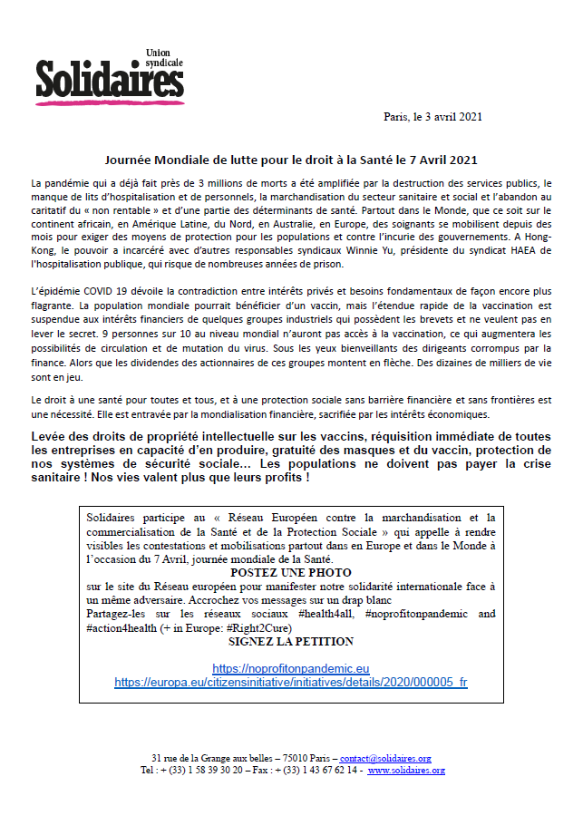Lire la suite à propos de l’article 7 avril 2021 : Soutenons la Journée Mondiale de lutte pour le droit à la Santé l