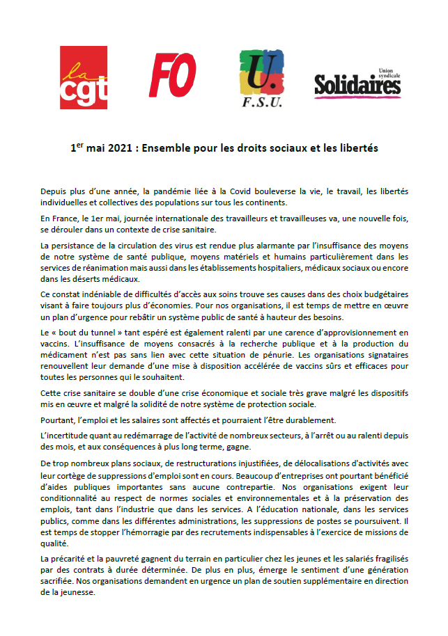 Lire la suite à propos de l’article 1er mai 2021 : Ensemble pour les droits sociaux et les libertés !