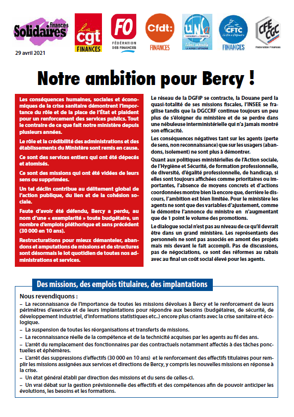Lire la suite à propos de l’article Notre ambition pour Bercy et ses agent.e.s !
