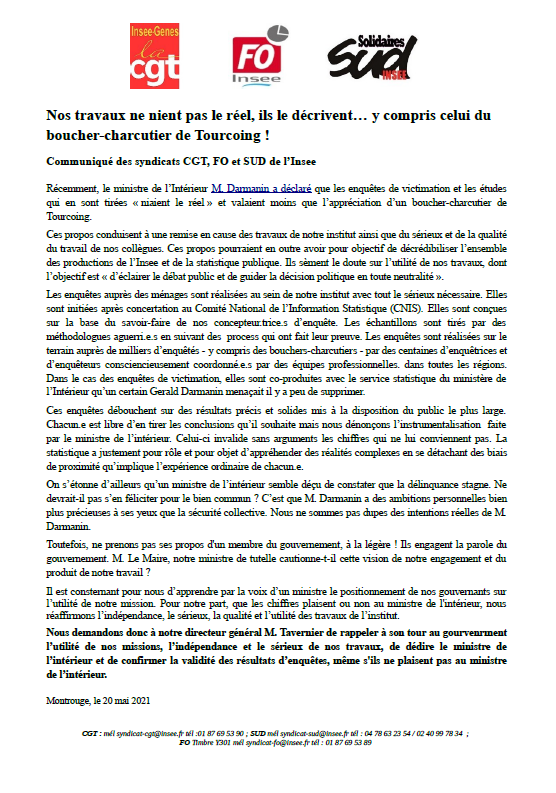 Lire la suite à propos de l’article Défendre l’utilité, l’indépendance et le sérieux  des missions de l’INSEE.
