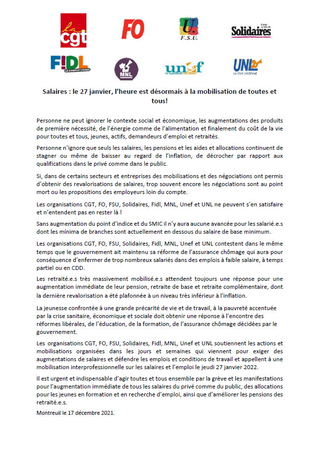 Lire la suite à propos de l’article 27 janvier – Augmentation immédiate de tous les salaires du privé comme du public