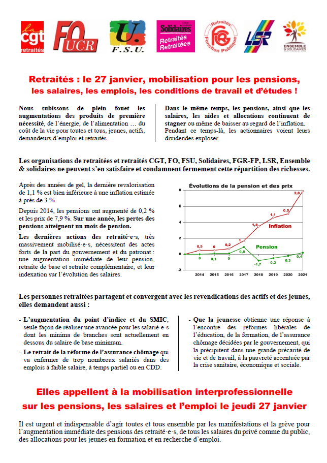 Lire la suite à propos de l’article Retraités : le 27 janvier, mobilisation pour les pensions,