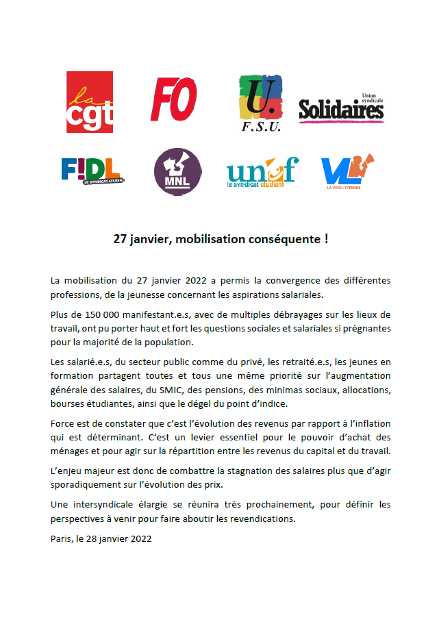 Lire la suite à propos de l’article Communiqué unitaire – 27 janvier mobilisation conséquente !