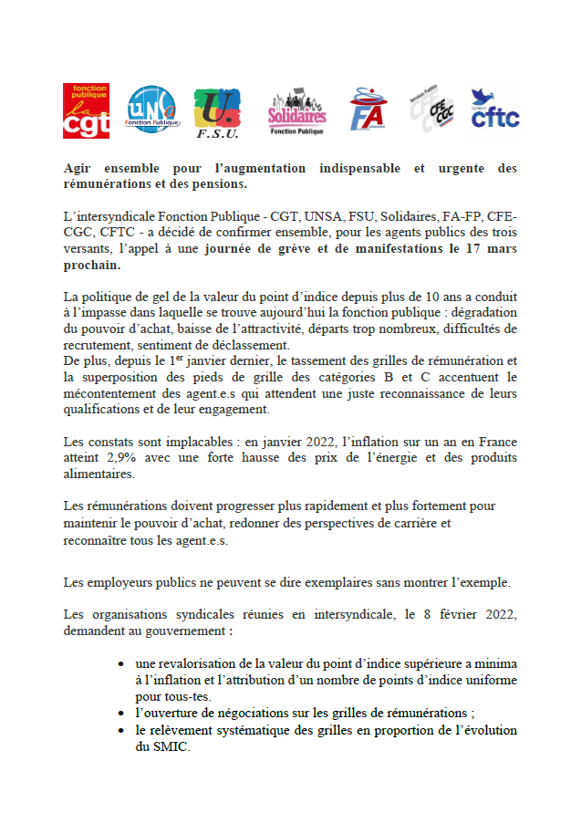 Lire la suite à propos de l’article Appel de l’Intersyndicale Fonction Publique pour l’augmentation des rémunérations et des pensions !
