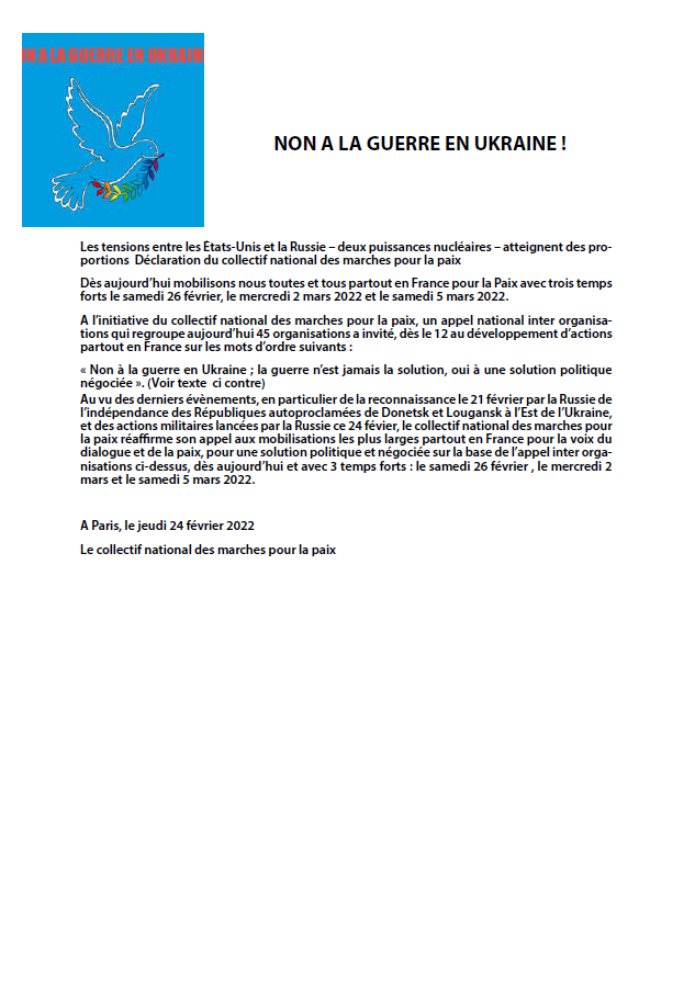 Lire la suite à propos de l’article Non à la guerre en Ukraine !