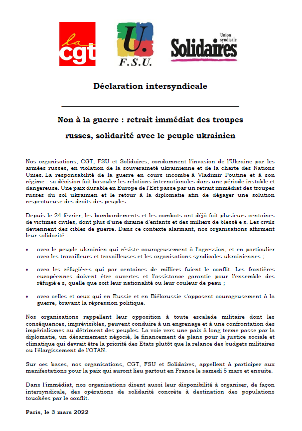 Lire la suite à propos de l’article Déclaration inter syndicale Solidaires CGT et FSU : Non à la guerre en Ukraine !