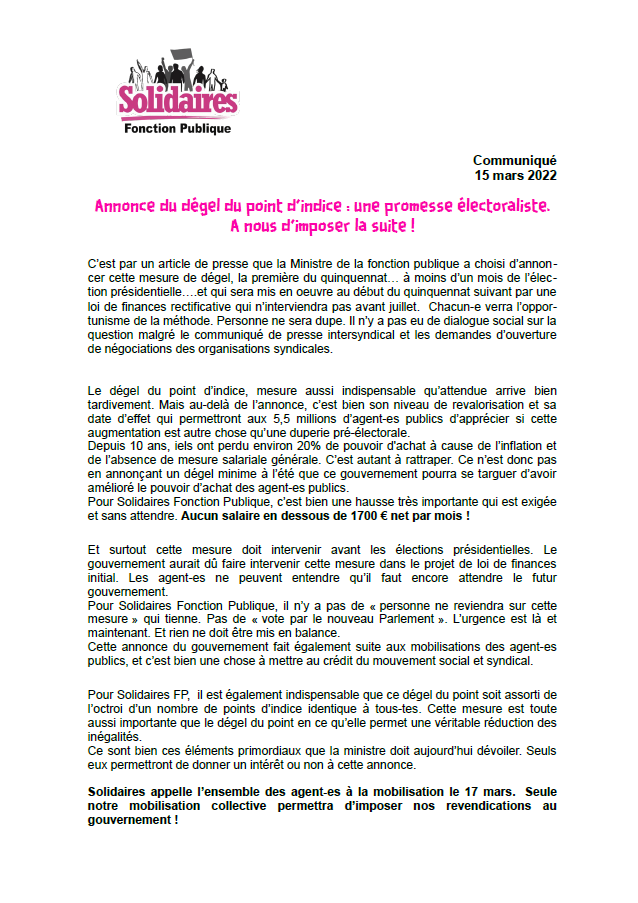 Lire la suite à propos de l’article Dégel du point d’indice: une annonce électoraliste. A nous d’imposer la suite !