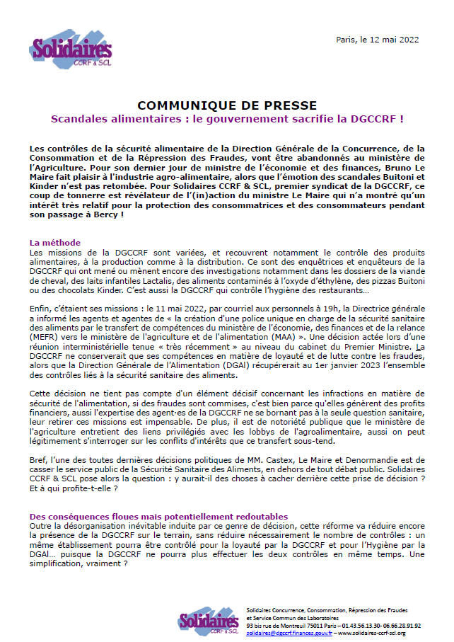 Lire la suite à propos de l’article Scandales alimentaires : le gouvernement sacrifie la DGCCRF !
