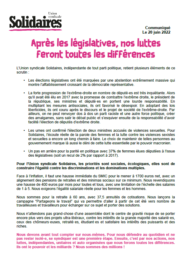 Lire la suite à propos de l’article Après législatives, nos luttes feront toutes les différences !
