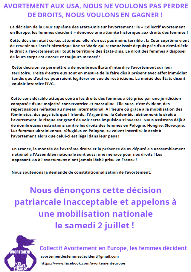 Lire la suite à propos de l’article Droit à l’avortement : une remise en cause  inacceptable !