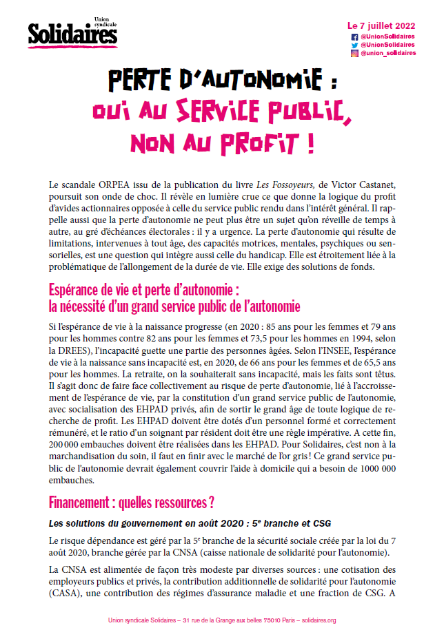 Lire la suite à propos de l’article Perte d’autonomie : OUI au service public , NON au profit !