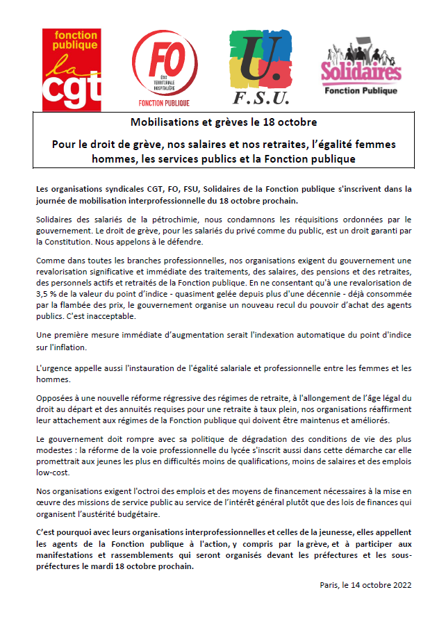Lire la suite à propos de l’article Fonction publique : appel intersyndical à la grève le 18 octobre 2022.