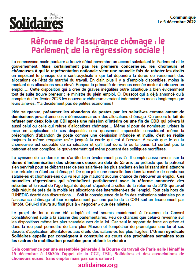 Lire la suite à propos de l’article Assurance chômage : Nouvelle régression !