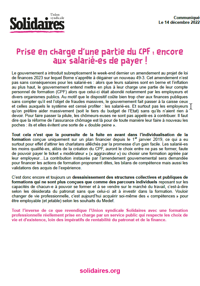 Lire la suite à propos de l’article Compte Personnel de Formation :  les salarié.e.s devront payer pour en bénéficier !