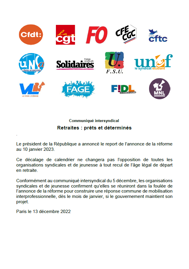 Lire la suite à propos de l’article Communiqué intersyndical: Retraites : Prêt.e.s à la Mobilisation !