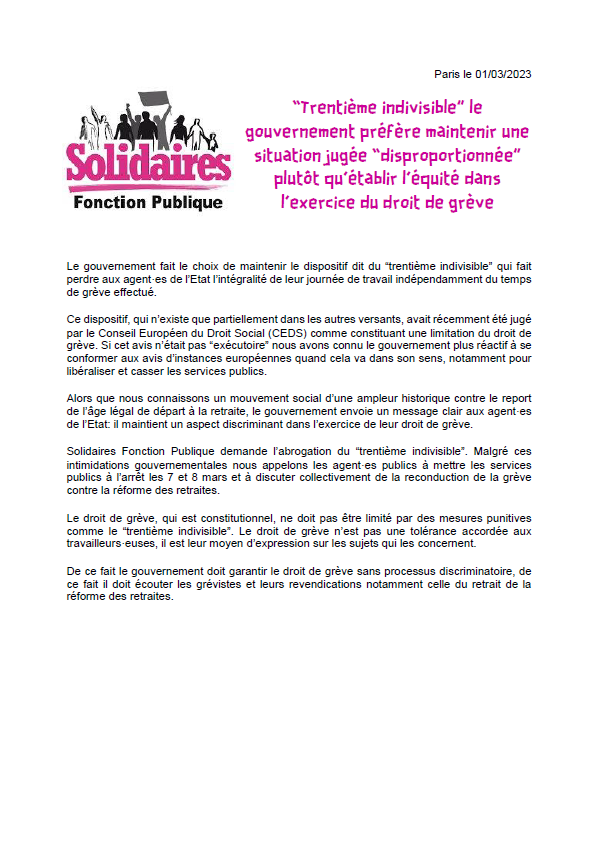 Lire la suite à propos de l’article Trentième indivisible ; Maintien de l’inéquité dans l’exercice du droit de grève