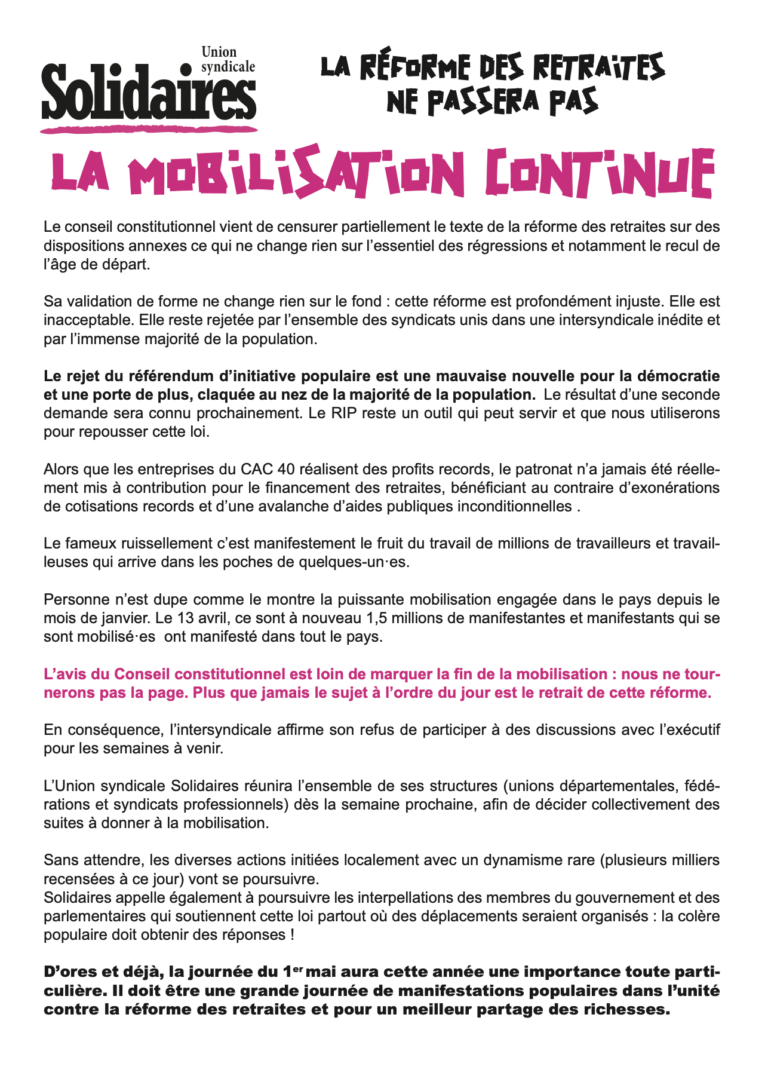 Lire la suite à propos de l’article Retraites : La mobilisation continue