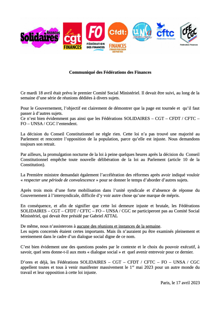 CSAM du 18 Avril – Pourquoi l’interfédérale Finances ne se rendra pas au CSAM