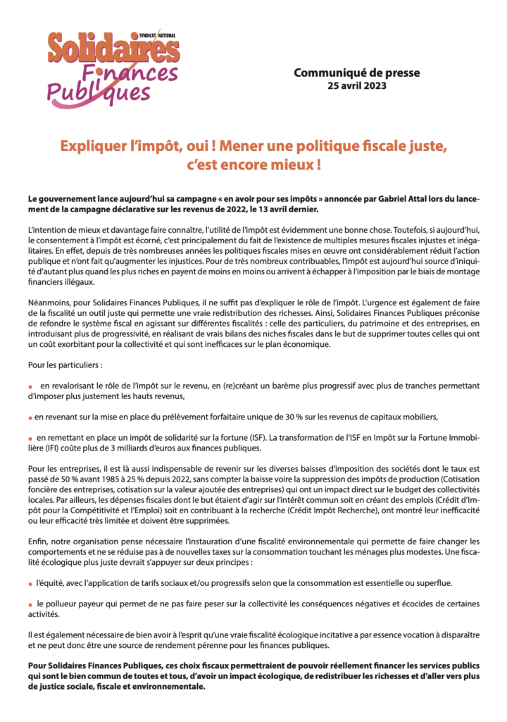 Campagne  IR : communiqué du syndicat Solidaires Finances Publiques.