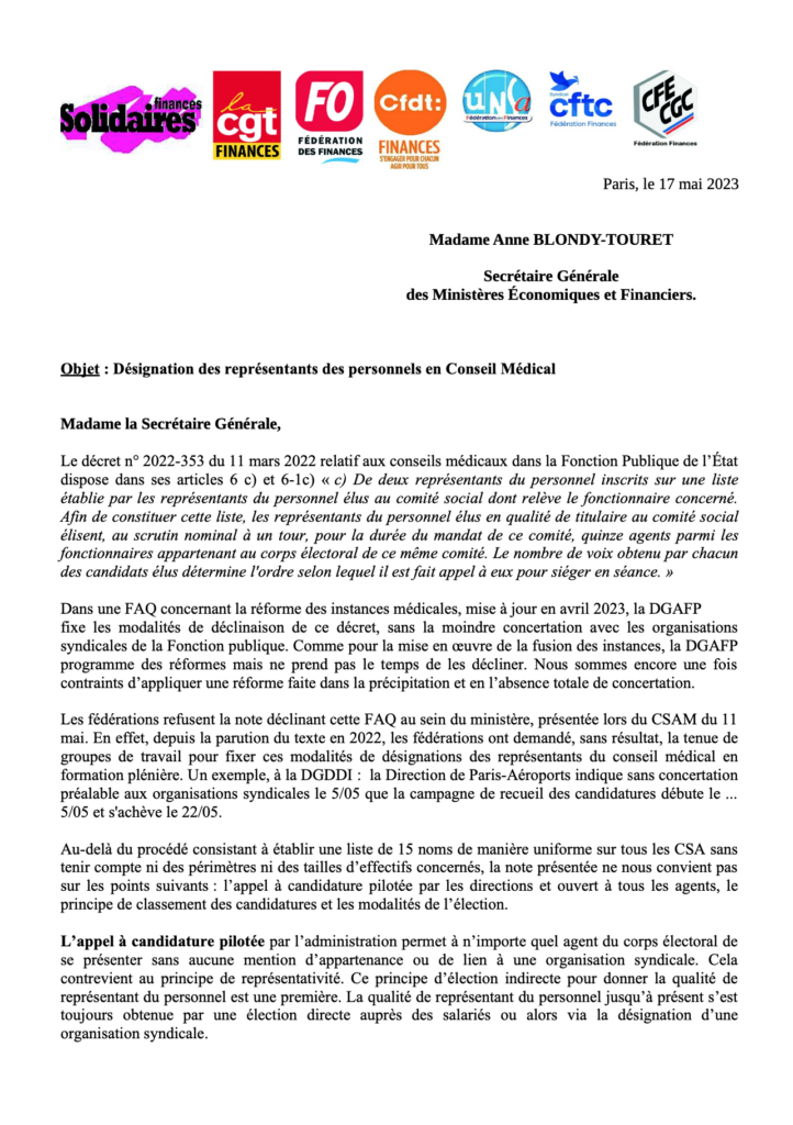 Elections dans les Conseils Médicaux – Les fédérations des Finances interpellent la Secrétaire Générale