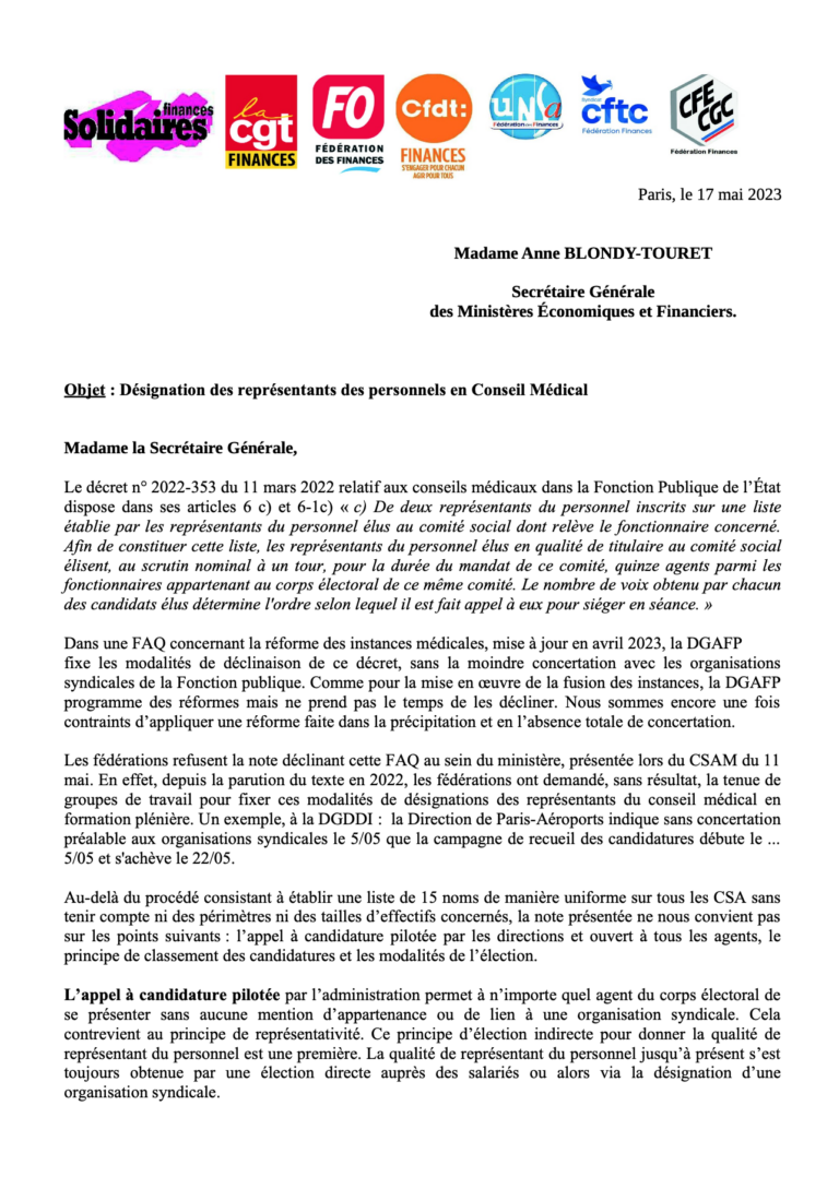 Lire la suite à propos de l’article Elections dans les Conseils Médicaux – Les fédérations des Finances interpellent la Secrétaire Générale