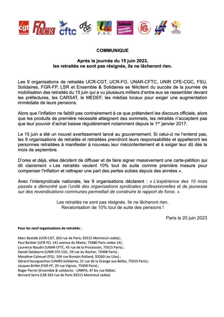Lire la suite à propos de l’article Communiqué intersyndical : les retraités ne sont pas résignés, ils ne lâcheront rien.