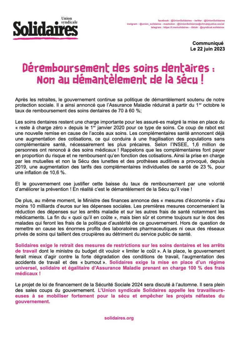 Lire la suite à propos de l’article Déremboursement des soins dentaires : Non au démantèlement de la Sécu !