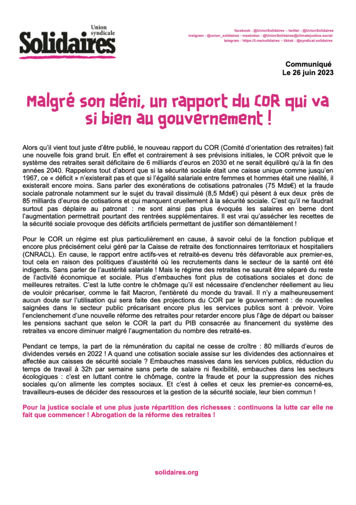 Malgré son déni, un rapport du COR qui va si bien au gouvernement !