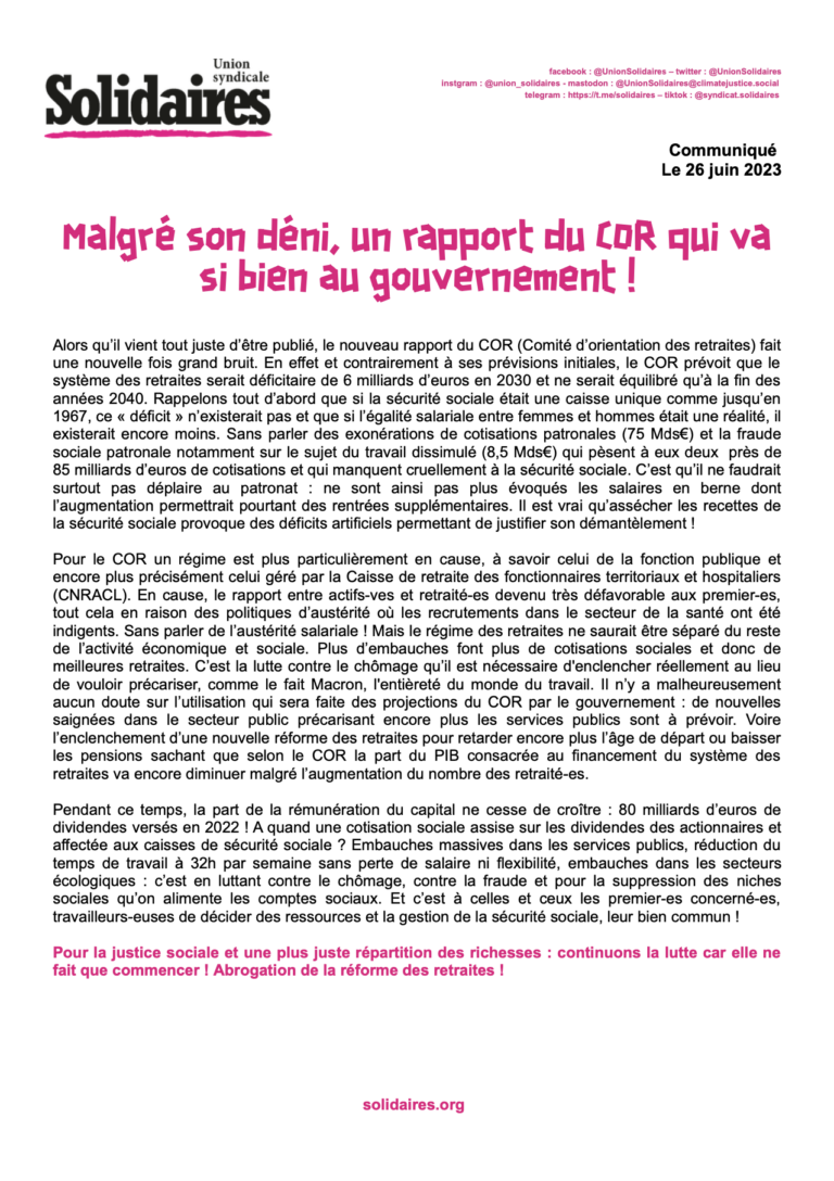 Lire la suite à propos de l’article Malgré son déni, un rapport du COR qui va si bien au gouvernement !