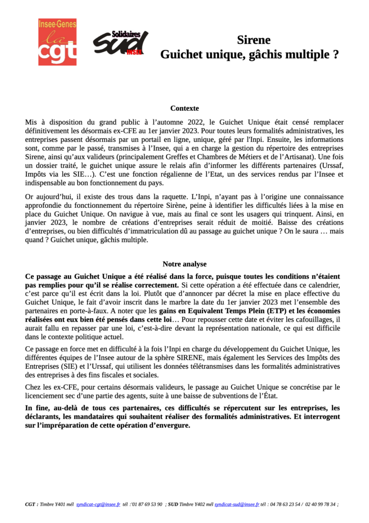 SIRENE  : Guichet Unique, gâchis multiple !