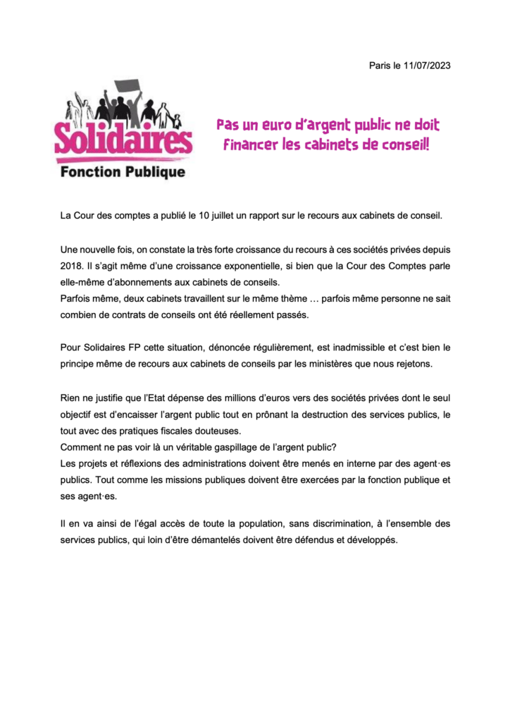 Pas un euro d’argent public ne doit financer les cabinets de conseil !