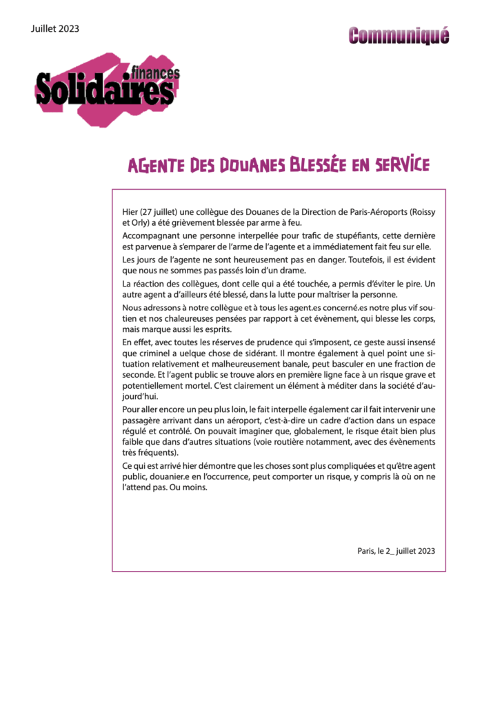 Une agente de la Douane bléssée en service !