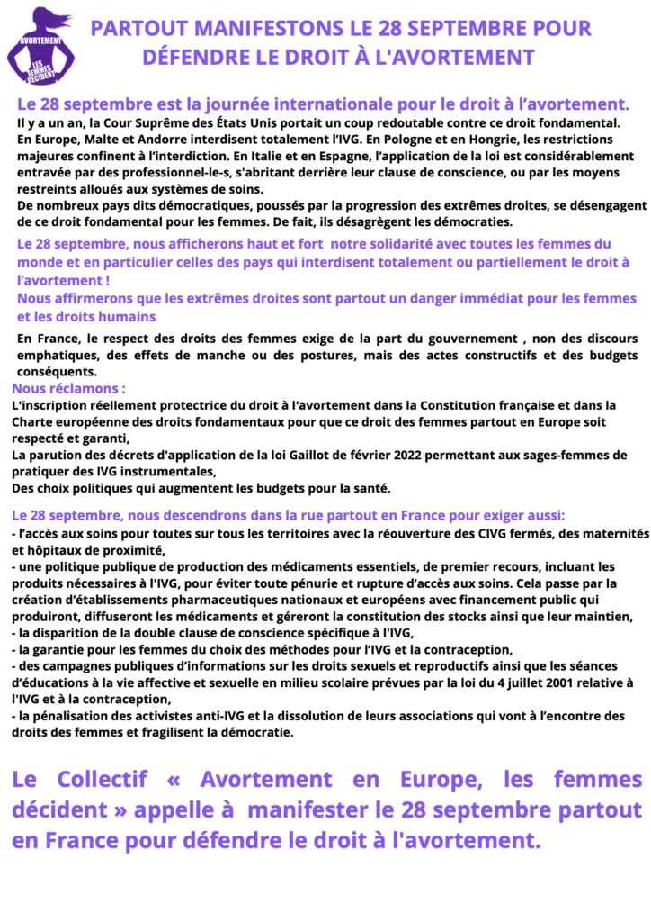 28 septembre : Journée internationale pour le droit à l’avortement !