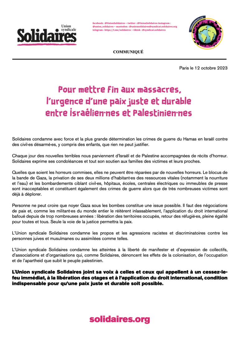 Lire la suite à propos de l’article Pour mettre fin aux massacres, l’urgence d’une paix juste et durable entre Israélien·ne.s et Palestinien·ne.s.