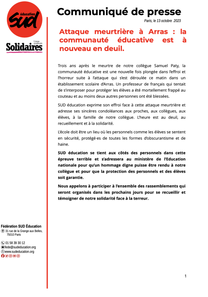 Attaque meurtrière à Arras : la communauté éducative est à nouveau en deuil.