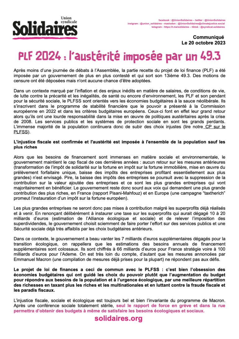 Lire la suite à propos de l’article PLF 2024 : l’austérité imposée par un 49.3.
