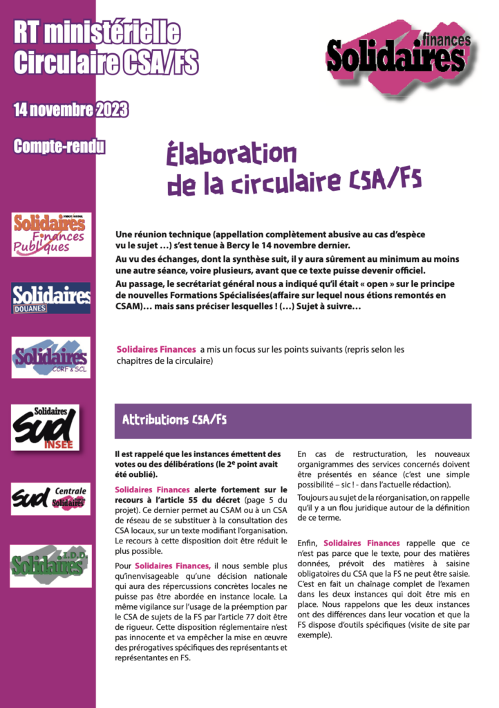Elaboration de la circulaire CSA/FS.