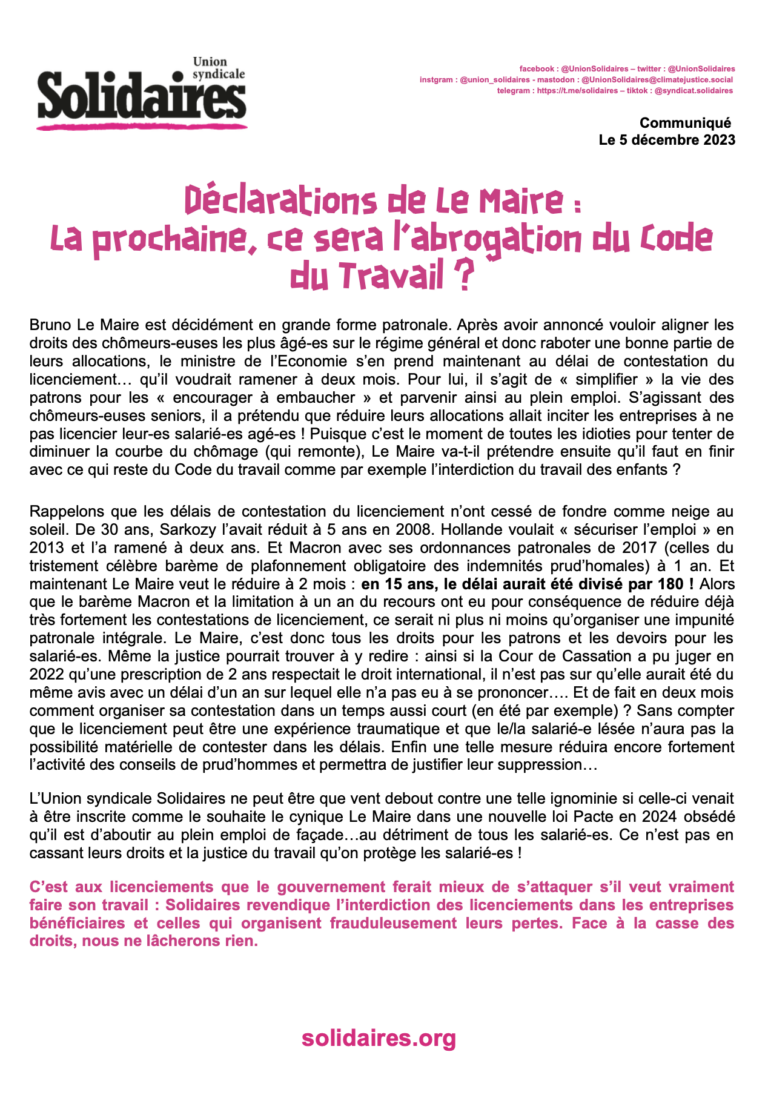 Lire la suite à propos de l’article Enième offensive contre le code du travail ?!